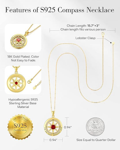 S925 Necklace Gift for Wife |Compass Jewelry |Women Anniversary |Sterling Silver |Girlfriend Birthday Gifts for Her Valentines |I'd be Lost without You |Jewel 18K Gold