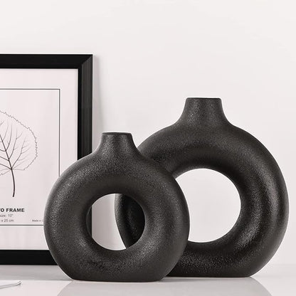 Black Vase Decor Donut Vase Set of 2 - Circle Hollow Vases, Modern Matte Ceramic Vases for Entryway Living Room Bedroom Dining Table Centerpiece Office Home Decor