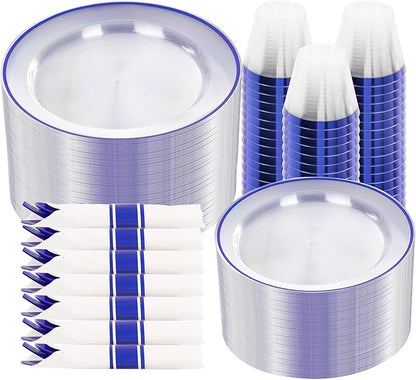 SUT 350 Pcs Blue and Clear Plastic Dinnerware Set for 50 Guests, Include: 50 Dinner Plates, 50 Dessert Plates, 50 Pre Rolled Napkins With Silverware, 50 Cups, Disposable Plates for Party, Wedding