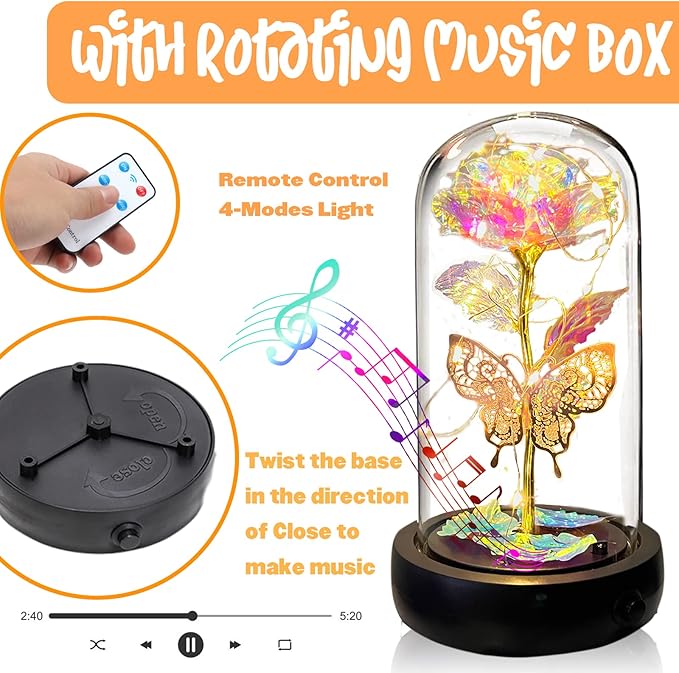Birthday Rose Flower Gifts for Women, Mothers Day Glass Rose Gift for Mom from Daughter Son, Colorful White Rainbow Rose in Glass Dome with Music Box, Light Up Rose in Glass Dome for Her Wife Grandma