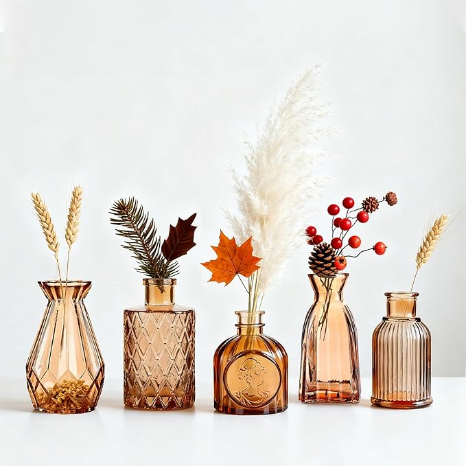 Bud Vases Set of 12, Small Mini Glass Vases for Centerpieces - Elegant Vintage Style - Perfect for Table Decor, Wedding, Party Centerpieces - Great Gift for Home Decor Lovers (Amber)