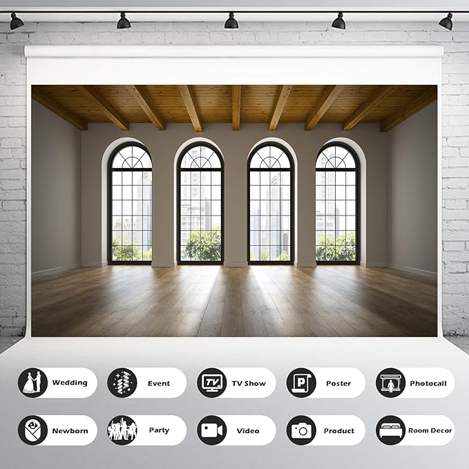 Empty Room Backdrop Concrete Walls Wooden Floor with Big Arched Windows Dance Photography Background Empty Loft Style with Brick Wall Photography Party Decorations Photo Studio Props 7x5ft