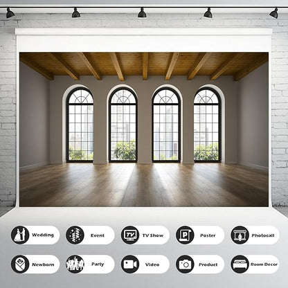 Empty Room Backdrop Concrete Walls Wooden Floor with Big Arched Windows Dance Photography Background Empty Loft Style with Brick Wall Photography Party Decorations Photo Studio Props 20x10ft