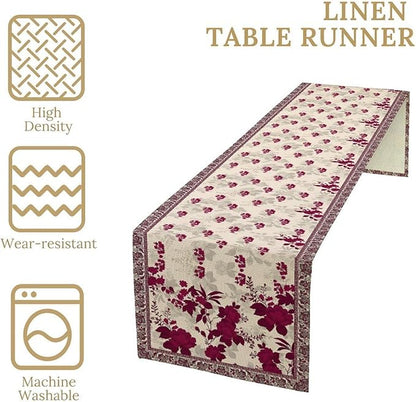 Elegant Floral Table Runner, Vintage Burgundy Maroon Flowers Classic Art Table Decoration Runner for Kitchen Dining Holiday Party Wedding Home Decor, 13x90 Inch