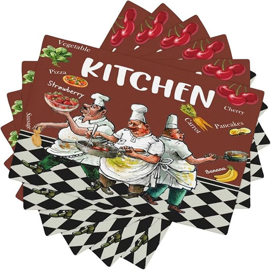 Chef Kitchen Linen Placemats Set of 6 Funny Fat Chef Cooking Theme Placemats for Indoor Outdoor Party Home Desktop Dining Room Decor 12x18 Inch