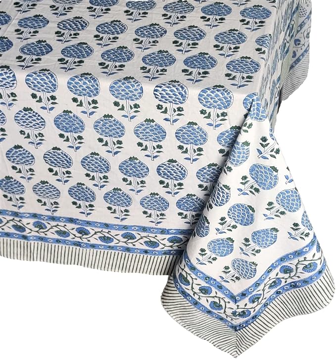 ATOSII Roma Blue 100% Cotton Boho Rectangle Fall Tablecloth, Handblock Floral Print Table Linen for Kitchen Dining I Parties, Outdoors, Weddings, Christmas, Thanksgiving I 72 X 120 Inches I 10 Seater