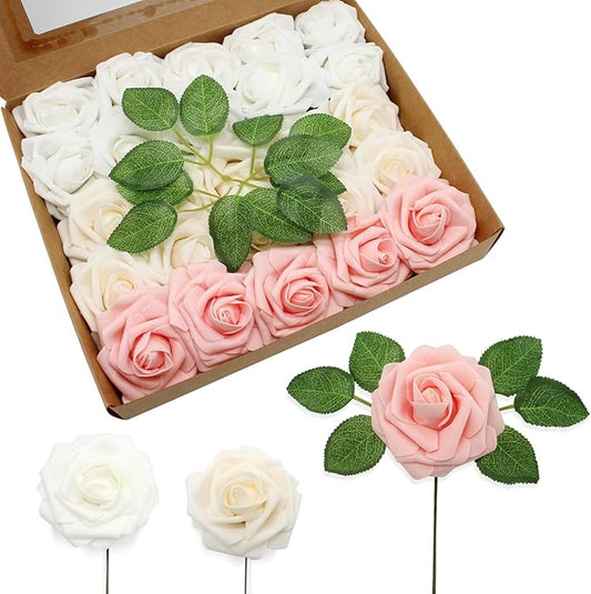 JOYLEX Artificial Flowers Realistic Roses, Real Looking Fake Roses with Stem for DIY Wedding Bouquets Centerpieces Bridal Shower Party Romantic Decorations (50pcs, White/Cream/Light Pink)