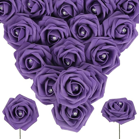 INSUNSX Purple Roses Artificial Flowers with Crystal 50PCS Purple Artificial Roses with Stems Realistic Flowers for Bridal Shower Centerpieces Wedding Bouquet Table Decorations