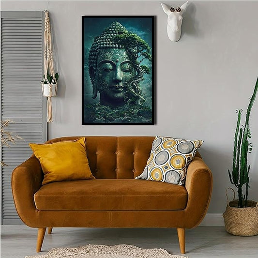 Buddha statue wall art canvas wall decor aesthetic picture mystical nature art for tranquil home and spiritual space 24x36in Metal blackFramed
