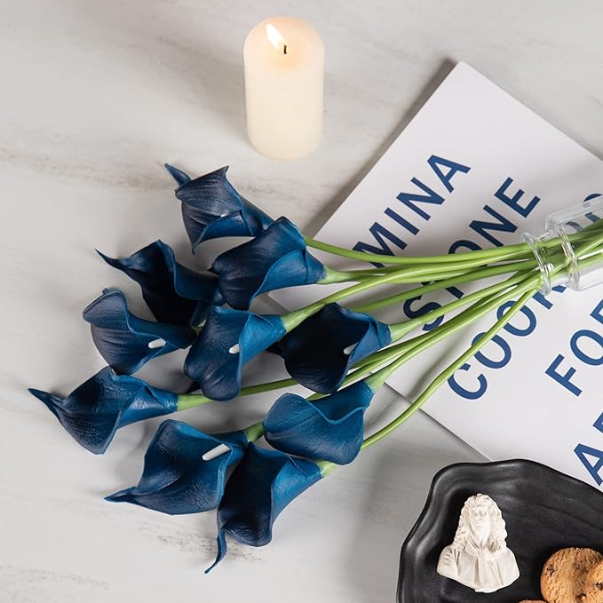 DuHouse 20Pcs Artificial Calla Lily Flower Real Touch Latex Flowers for DIY Wedding Bouquet Party Home Decor (Dark Blue)