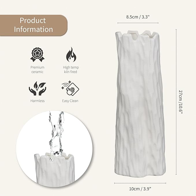 10.7 Inch White Ceramic Vase, Organic Nature Shape, OOSTONEE Boho Nordic Modern Style White Flower Vase, Shelf, Home, Living Room, Coffee Table Centerpiece, Ceramic vases for Home Decor