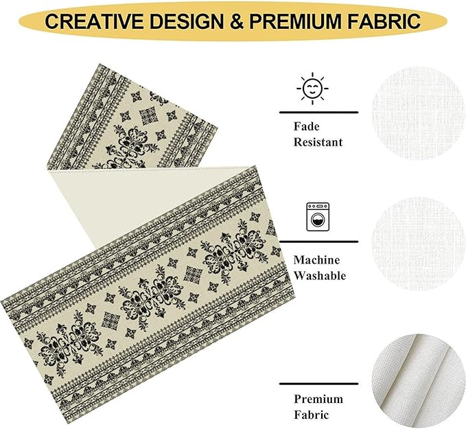 Black Floral Table Runner, Rustic Damask Antique Floral Retro Boho Art Linen Coffee Table Center Decor for Family Kitchen Farmhouse Holiday Party Table Decorations Indoor Outdoor 13x90 inch