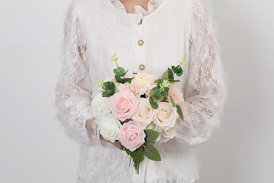 SITUMEIZI Roses Artificial Flowers Combo Champagne Flowers Silk Foam Flowers with Stems for DIY Bridal Wedding Bouquet Baby Shower Party Home Decor Floral Arrangements 24pcs