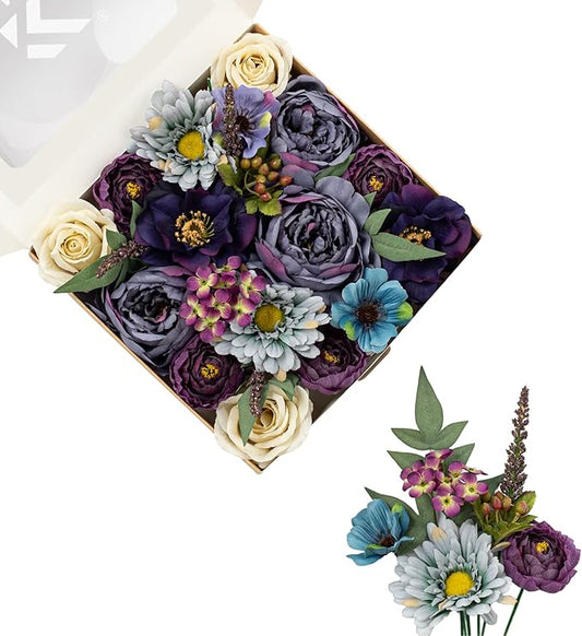 FANKO Artificial Flowers Dusty Purple Peony: Mixed Fake Silk Flowers Combo Light Brown Rose Dusty Purple & Blue Cosmos Vintage for DIY Wedding Bridal Bouquets/Centerpieces/Home Decor