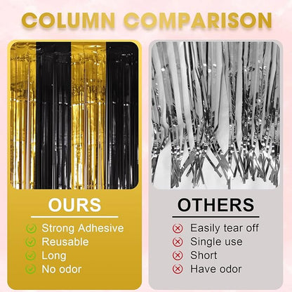 4 Pack Black and Gold Foil Fringe Backdrop Curtains, Tinsel Streamers Birthday Party Decorations, Fringe Backdrop for Graduation, Baby Shower, Gender Reveal, Disco Party