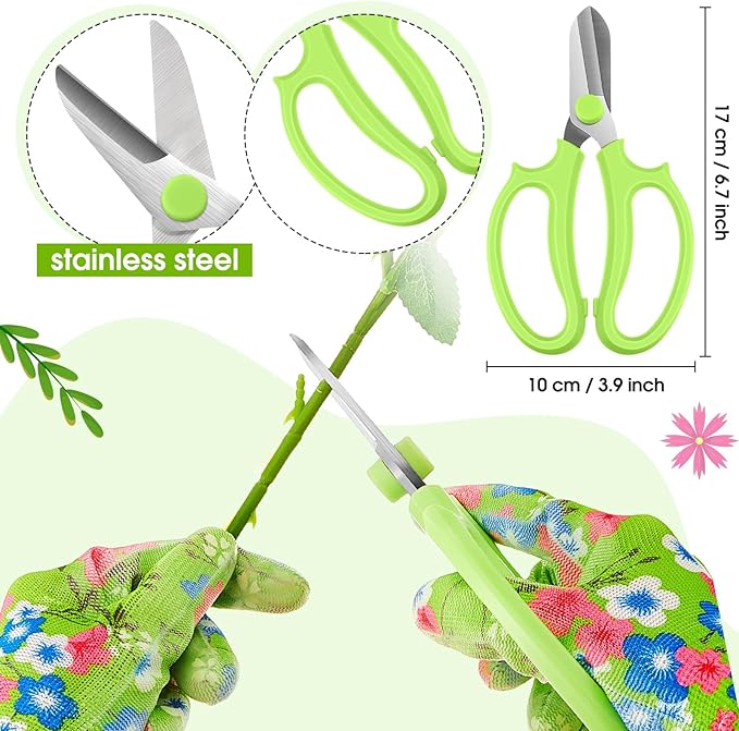 Lasnten 14 Pcs Rose Stripper Thorn Remover Tool Garden Pruning Shears Scissors Kit Leaf Stripping Tool Floral Gloves and Floral Tape Flower Stripper Kit Gift for Wedding Outdoor Gardening (Green)