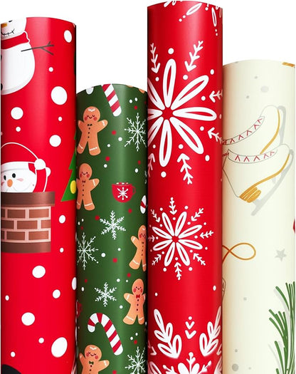 Christmas Wrapping Paper Set of 4 Rolls (93 sq. ft. ttl) With Colorful Holiday Patterns Santa Claus, Reindeer, Christmas Tree, Snowman, snowflakes for Gifts - 17 inches x 16.5 feet Per Roll
