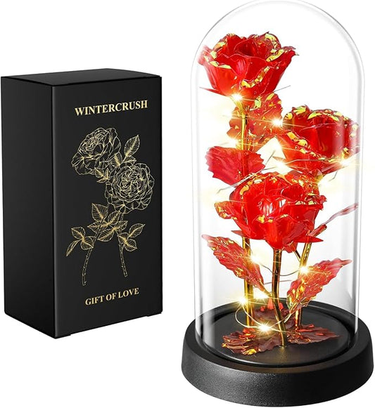 WINTERCRUSH Premium Light-Up Glass Rose - Perfect Birthday,Mother's Day,Valentine's for Women,Mom,Wife,Grandma,or Girlfriend - Colorful Rainbow Rose,Ideal for Home Decor (Red)