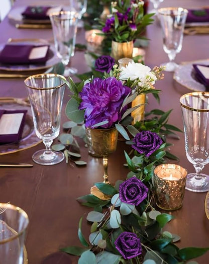 Purple Glitter Roses Artificial Flowers 30 PCS Artificial Flowers 2.17 in Glitter Flowers Foam Roses with Stem Faux Flowers for DIY Wedding Bridal Bouquet Party Centerpieces Decor(Purple)