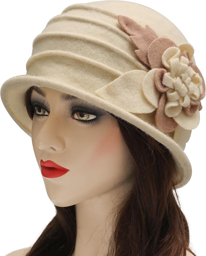 ZLYC Women Wool Cloche Bucket Hat 1920s Vintage Dress Winter Hats with Flower Accent