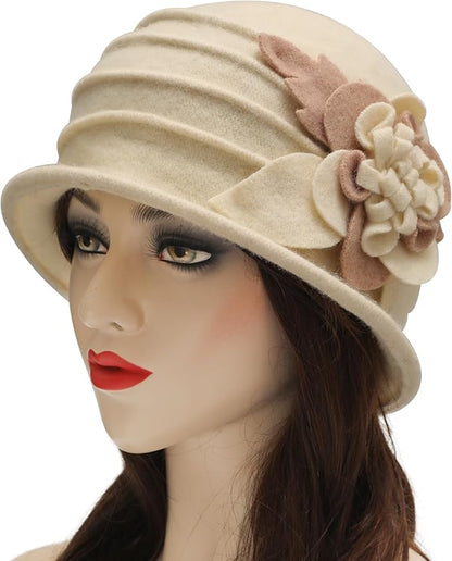 ZLYC Women Wool Cloche Bucket Hat 1920s Vintage Dress Winter Hats with Flower Accent