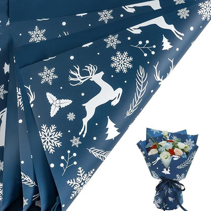 LeZakaa 20 Sheets Flower Wrapping Paper, Navy Blue Christmas Reindeer and Snowflake Design Waterproof Floral Bouquet Paper for Christmas, Winter Holiday Party Gift Packaging