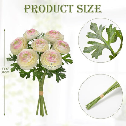 Hollyone 7 Heads Ranunculus Artificial Flowers White Fake Ranunculus Small Bouquets Silk Flowers Faux Floral Centerpieces Flower Arrangements for DIY Home Decor Wedding Party Bridal Shower Decorations