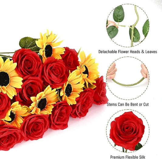 Waipfaru 16 Pcs Fake Roses Sunflowers Artificial Flowers Bulk, Silk Red Roses Yellow Flowers Artificial with Long Stems for Outdoors Wedding Bouquet Vase Flower Arrangement Decoration