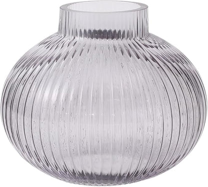 Black Glass Vase for Tulips, Ribbed Glass Vase for Flowers, Round Flower Vases, Small Short Vases for Living Room, Office, Coffee Table, Shelf, Wedding, 6 Inches