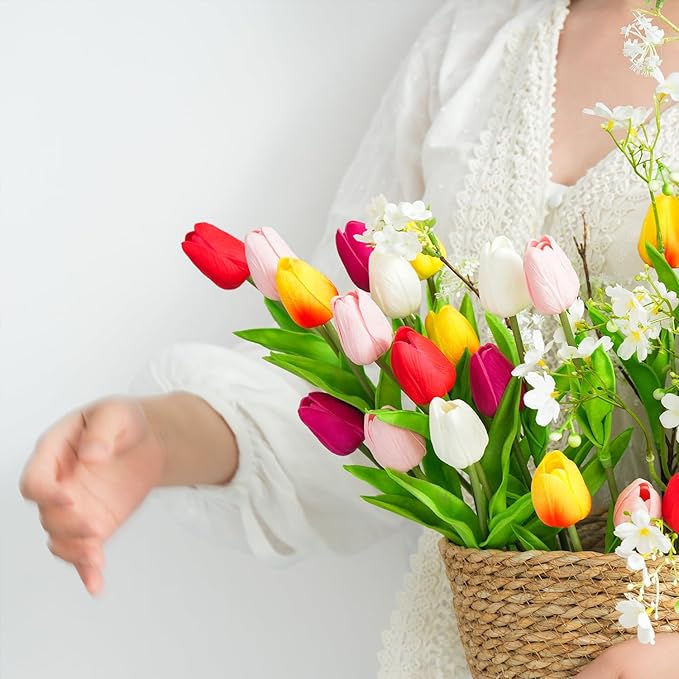 Real Touch Artificial Tulips, 20pcs Fake Tulip Flower Stem, PU Faux Tulip 13.5” for Mother's Day Easter Valentine's Gift, Home Decor, Wedding, Table Centerpiece, Floral Arrangement, Multicolor