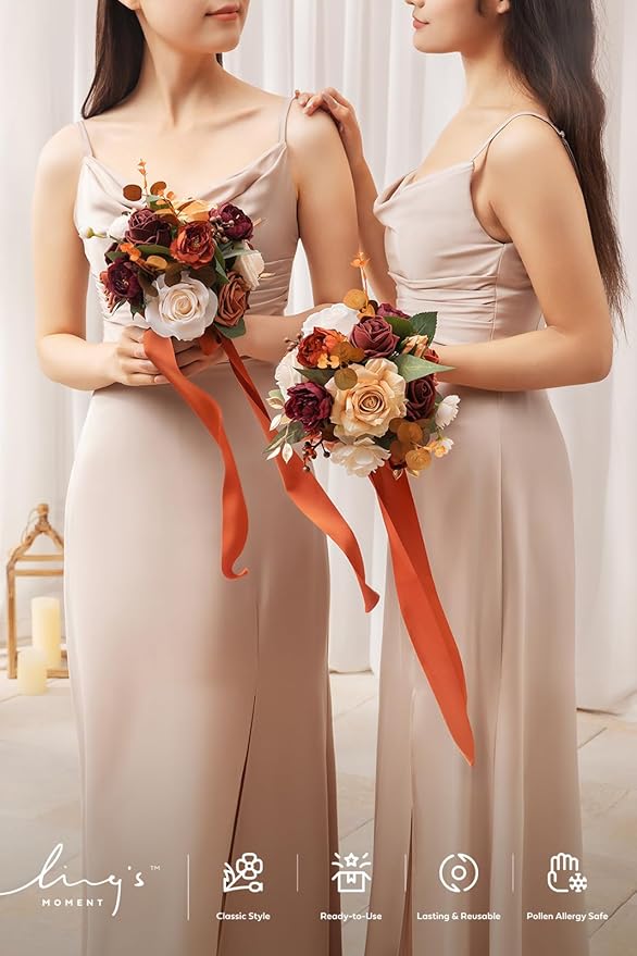 Ling's moment Bridesmaid Bouquet Set of 4, Terracotta Wedding Bouquets for Bridesmaids, 7 Inch Bridal Bouquets for Bridesmaids, Wedding, Ceremony, Anniversary, etc.