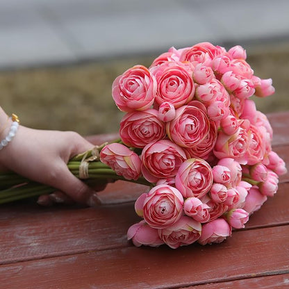 24 Pcs Ranunculus Artificial Flowers 10.5", Mini Faux Silk Ranunculus with Stem, Fake Flowers for Home Decor Indoor Wedding Bouquets Centerpieces (Coral)