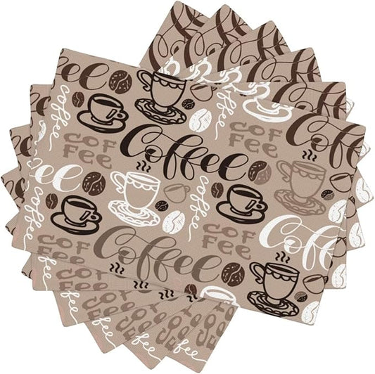 Coffee Theme Linen Placemats Set of 6 Vintage Brown Coffee Cup Table Mats Heat Resistant Place Mats for Home Party Kitchen Dining Decoration 12x18 Inch