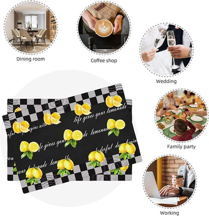 Lemon Kitchen Table Placemats Set of 6 Vintage Black White Checkered Summer Fruit Print Placemat Indoor Outdoor Party Home Desktop Dining Room Decor 12x18 Inch