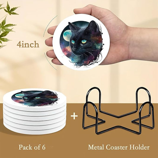 Drink Coasters with Holder,6 Pcs Black Cat Moon Coffee Cup Mat with Storage Holder, Durable Ceramic Coaster Set for Hot & Cold Beverages
