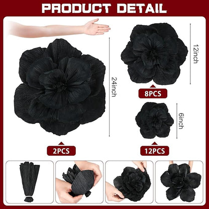 Giant Paper Flowers Artificial Large Paper Flower Decoration for Handcrafted Wall Backdrop Christmas Mexican Wedding Graduation Bridal Shower Birthday Party Supplies(Black,24 Pcs)