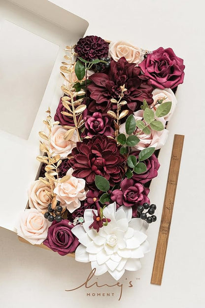 Ling's moment Fake Flowers Box, Faux Artificial Greenery Stems Foam Roses Gardenias Berries Silk Dahlia Fabic Flower for Centerpieces Bouquet Wedding Floral Vase, Marsala & Soft Peach, Deluxe Combo