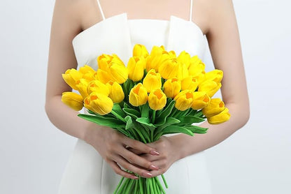 20pcs Yellow Tulips Artificial Flowers Fake Silk Tulips Real Touch Flowers for Spring Kitchen Wedding Home Decor Arrangements Easter Decor 14 Inch