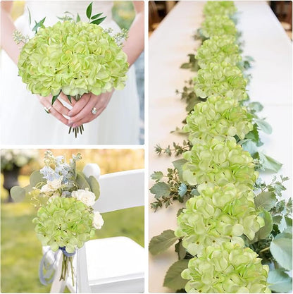 Hollyone 6 Pcs Green Hydrangea Artificial Flowers Heads with Stems Silk Faux Hydrangea Green Fake Flowers for Home Indoor Outdoor DIY Floral Wedding Flower Bouquets Kitchen Table Centerpiece Decor