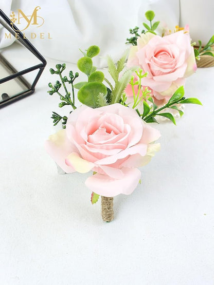 Meldel Wrist Corsage and Boutonniere Set(2pcs), Artificial Silk Rose Pink Wrist Flower for Bride Bridesmaids, Boutonniere for Groom Best Man Wedding Flower Accessories Prom Ceremony Party Decor