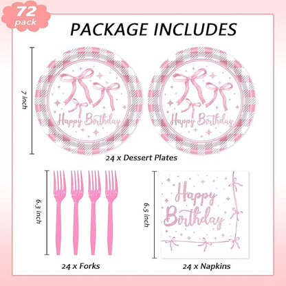 72Pcs Pink Bow Plates and Napkins, Coquette Birthday Party Supplies Pink Bow Paper Plates and Napkins Forks Tableware Decorations for 24 Guests