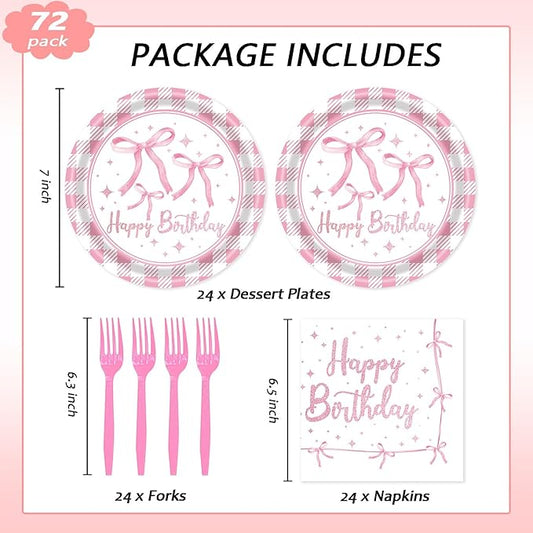 72Pcs Pink Bow Plates and Napkins, Coquette Birthday Party Supplies Pink Bow Paper Plates and Napkins Forks Tableware Decorations for 24 Guests