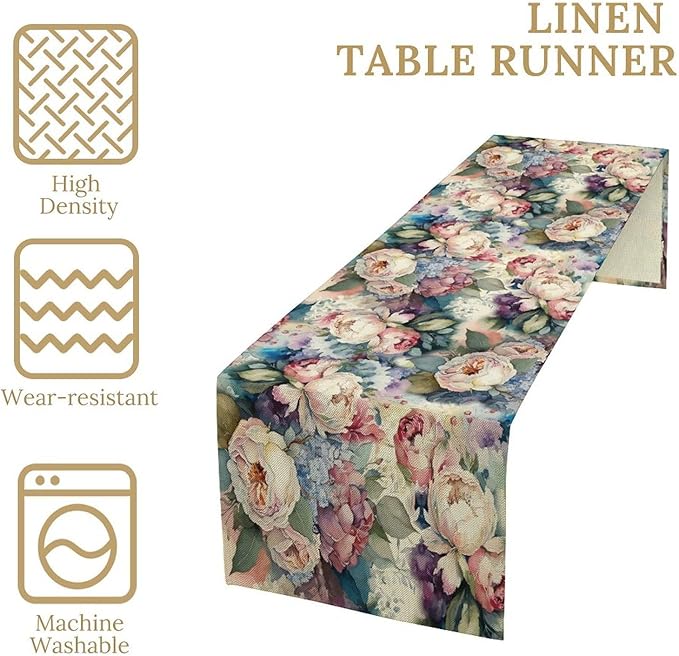 Vintage Floral Table Runner,Girls Women Rose Romantic Leaf Botanical Watercolor Pattern Print Burlap for Hotel Indoors Outdoor Dining Room Kitchen Holiday Party, 13x70in