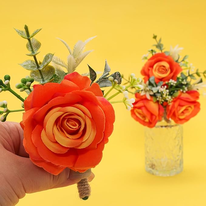 Burnt Orange Rose Boutonniere for Men Wedding Set of 6 Groom Groomsmen Best Man Artificial Flowers Boutonniere for Wedding Ceremony Anniversary Prom Flowers Formal Dinner Party (Orange)