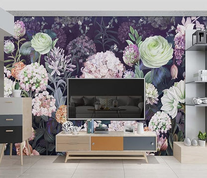 Black Floral Wallpaper Bedroom Purple Botanical Flowers Leaf murals Living Room tv Background Large Wall Mural Aesthetic Room Decor - 137"x96" Not Peel and Stick