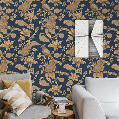 Vintage Birds and Flowers Wallpaper,17.71" x 118.1" Removable Peel and Stick Wallpaper Decorative Self-Adhesive Contact Paper for Living Room Bedroom Washroom Cabinet Wall