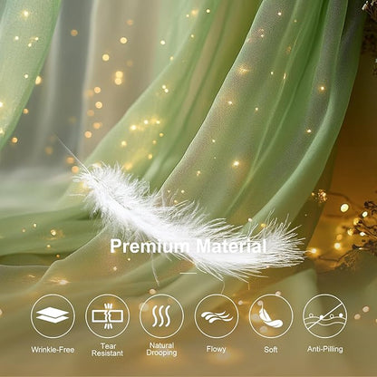Tulle Curtain Backdrop with 300 LED Fairy Lights for Parites Wrinkle-Free Sheer Curtain Drapes Photo Back Drop for Wedding Baby Shower Bridal Shower Birthday Home Décor - 10ft×10ft, Sage Green