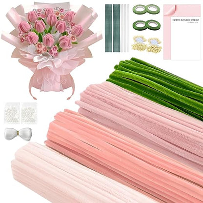 400 Pcs Pipe Cleaners Craft Kit, Pipe Cleaners Bulk Multicolors, Chenille Stems for DIY Flower Bouquet Making Kit with Tape, Floral Wires,Stamen & Ribbon, Pearls, Wrapping Paper(Pink)