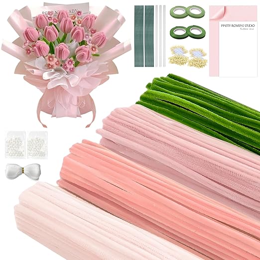 400 Pcs Pipe Cleaners Craft Kit, Pipe Cleaners Bulk Multicolors, Chenille Stems for DIY Flower Bouquet Making Kit with Tape, Floral Wires,Stamen & Ribbon, Pearls, Wrapping Paper(Pink)