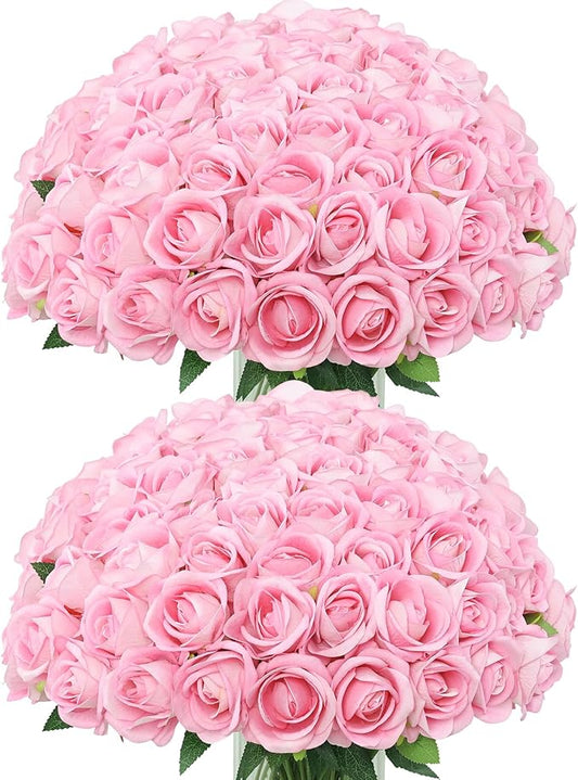 LFF 50Pcs Fake Pink Roses Artificial Flowers with Long Stems, Realistic Silk Faux Roses in Bulk, Wedding Bouquet, DIY Floral Arrangement for Home/Wedding/Proposal Ceremony Decoration(Pink)